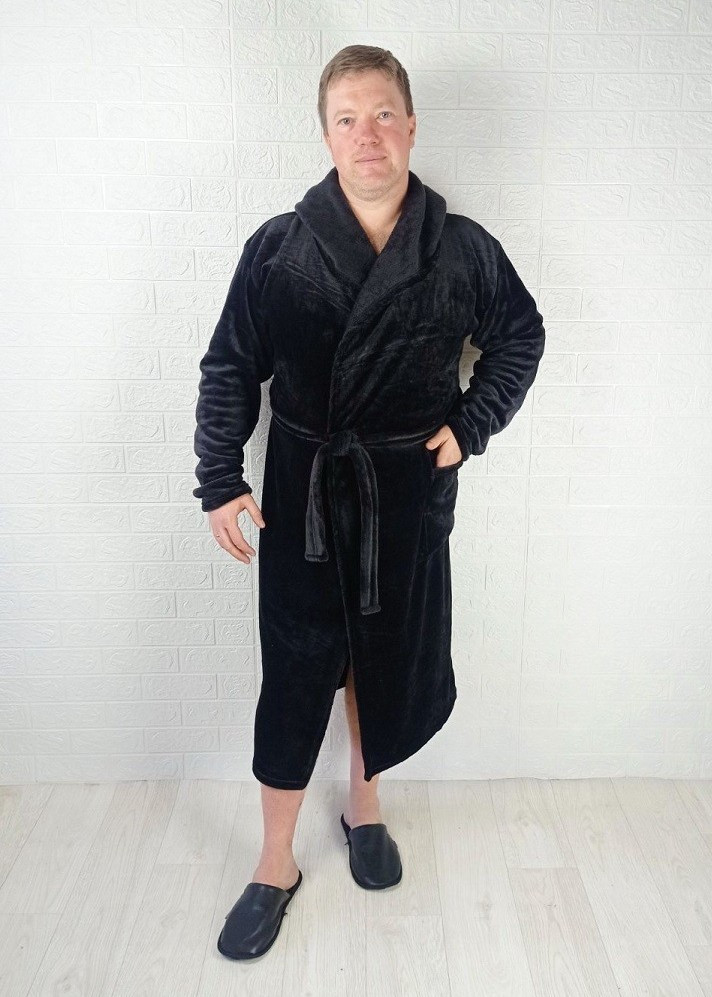 Чоловічий халат махровий теплий, довгий чорний 52-56 р.