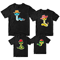 Футболки чорні Фемілі Лук Family Look для всієї родини з новорічним принтом «Сім'я змій. Змійки. Змії в капелюхах» Push IT