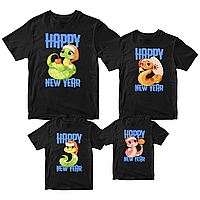 Футболки чорні Фемілі Лук Family Look для всієї родини з новорічним принтом «Сім'я змій. Змійки. Змії Happy New Year» Push IT
