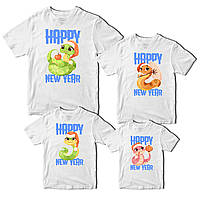 Футболки білі Фемілі Лук Family Look для всієї родини з новорічним принтом «Сім'я змій. Змійки. Змії Happy New Year» Push IT