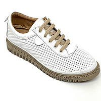 Жіночі шкіряні кеди з перфорацією білого кольору з бежевою підошвою та шнурівкою La Pinta 0116-570-421 розмір 36