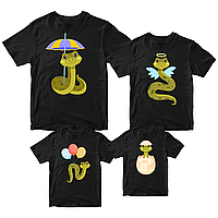 Футболки чорні Фемілі Лук Family Look для всієї родини з новорічним принтом «Сім'я змій. Змійки. Сім'я змій» Push IT