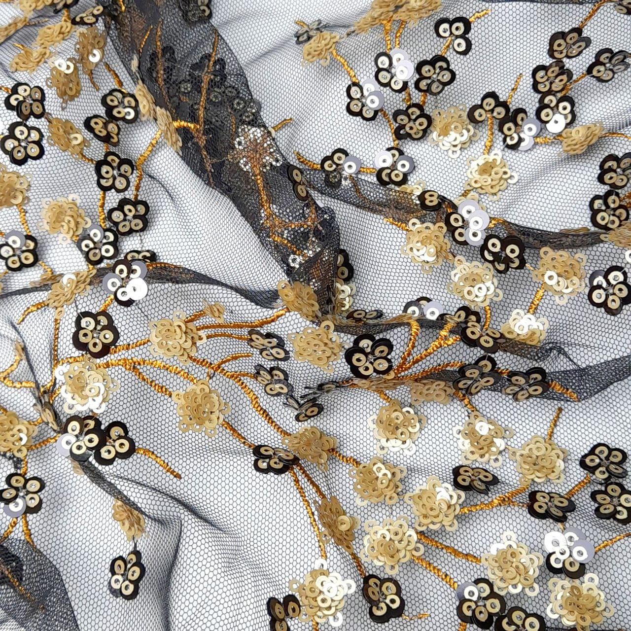 Сітка вишивка паєтка золотисто-чорна, фото 1