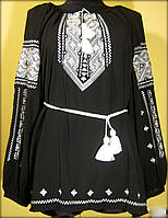 Вишиванка жіноча "Дві дороги" на чорному шифоні, блузка вишита білими нитками, машинна вишивка