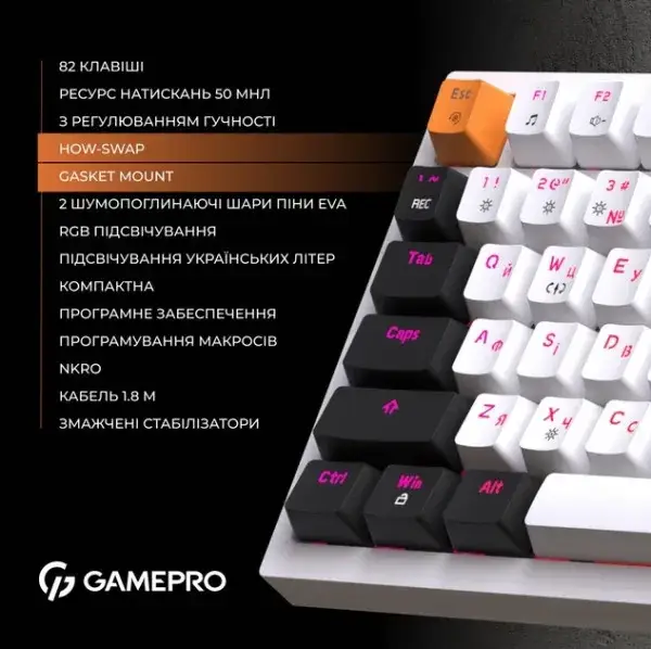 Клавиатура GamePro MK160W (Red) з Hot-Swap RGB White Eng / Ukr