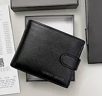 Кошелек мужской брендовый кожаный Armani черное портмоне на кнопке с монетницей Армани из натуральной кожи