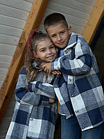 Детская рубашка в клетку утепленная без капюшона на пуговицах синяя с белым