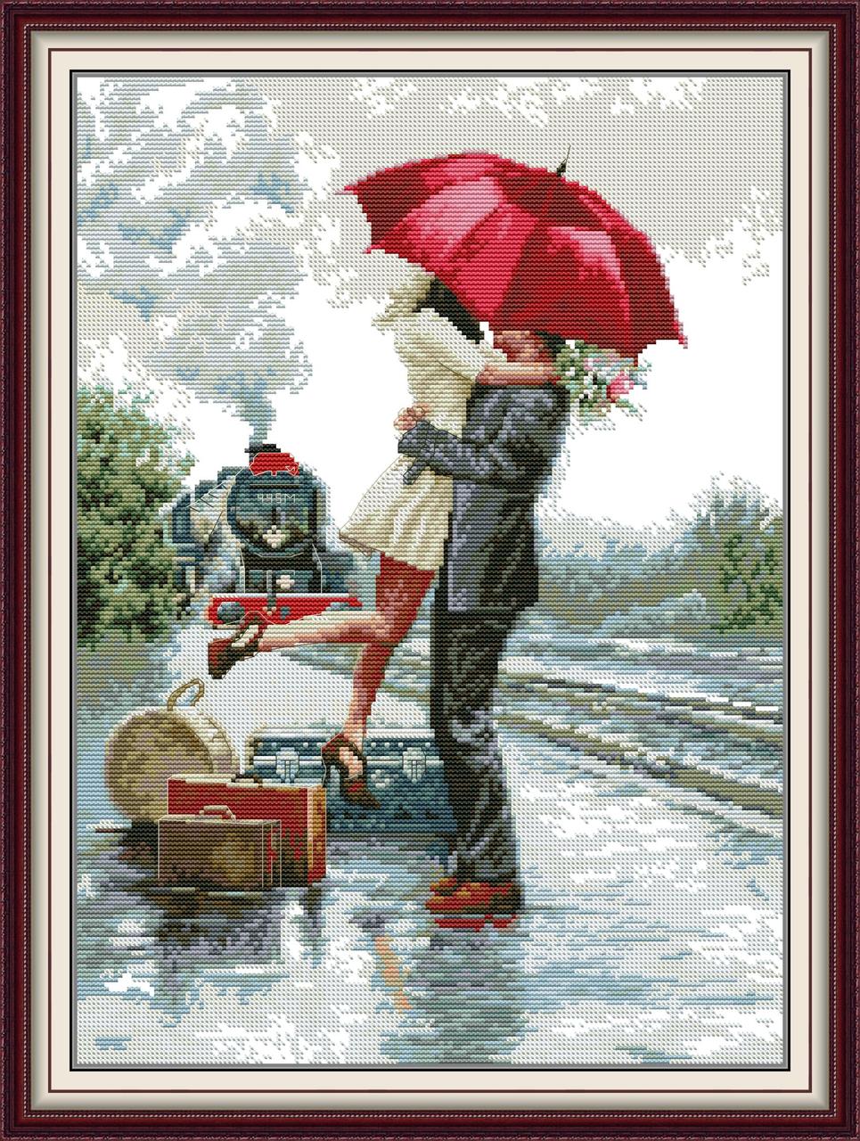 Набір для вишивання хрестиком з друкованою схемою на тканині NKF Закохані під червоною парасолькою RA592 14ст, фото 1