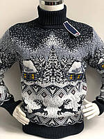 Модные шерстяные кофты 122, 128, 134, 140 см для детей мальчиков теплый детский новогодний свитер под горло олени шерсть