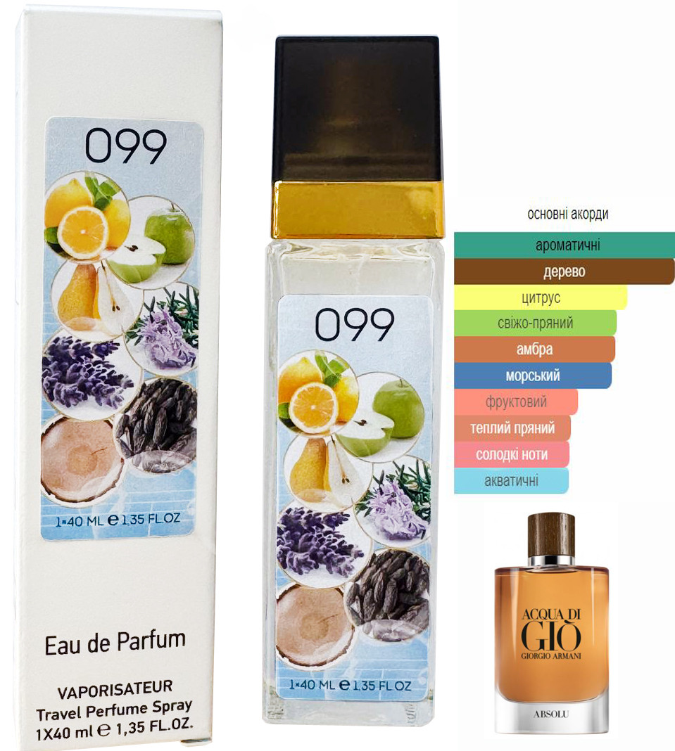 Чоловічий парфум № 099 за мотивами Armani Acqua Di Gio Men Absolu (Армані Аква ді Джіо Абсолю) 40 мл. ОПТ