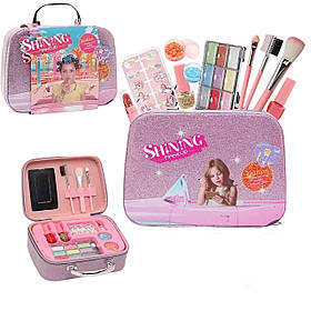 Дитяча косметика тіні для повік лаки для нігтів накладні нігті набір пензликів люстерко у валізі фіолетовій 19,5*7*14,5см (B 240)