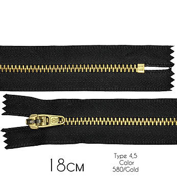 Блискавка металева джинсова Чорна з золотом Тип4.5 18см автомат, фото 1