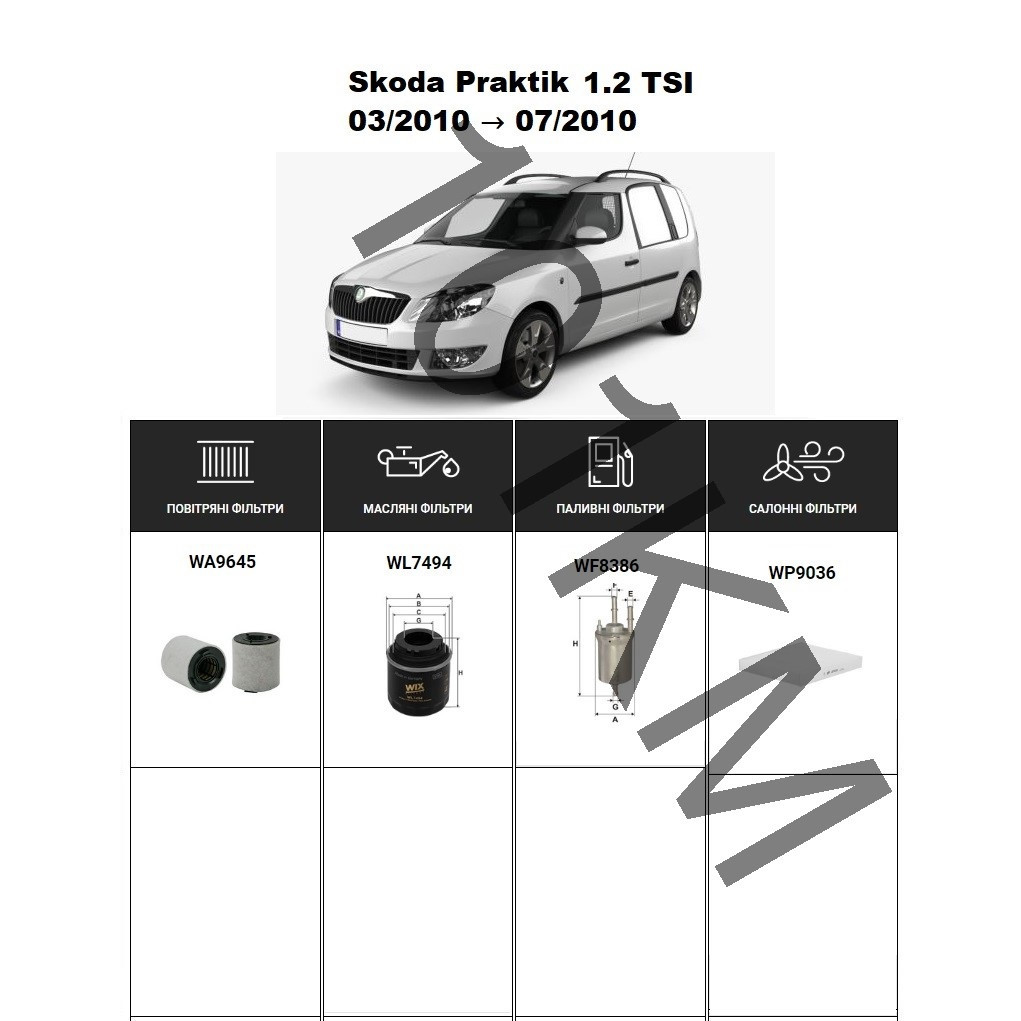 Комплект фільтрів Skoda Praktik 1.2 TSI (2010) WIX
