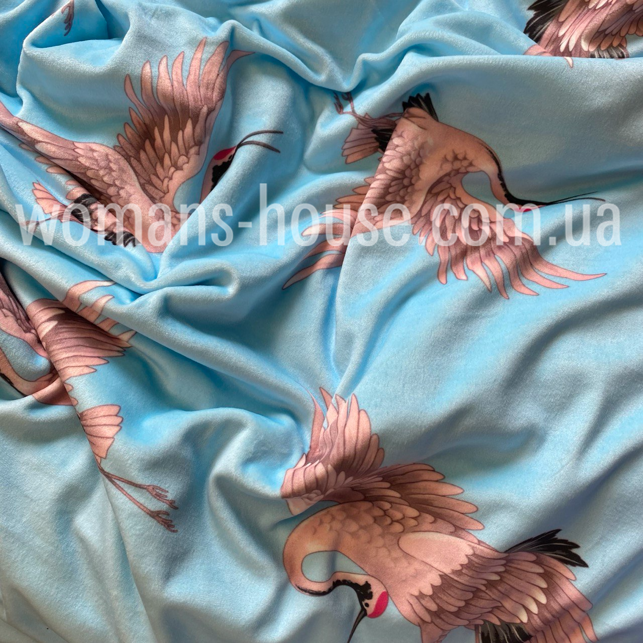 Тканина велюр Плюш (спорт) принт друкований Цаплі на блакитному, фото 1