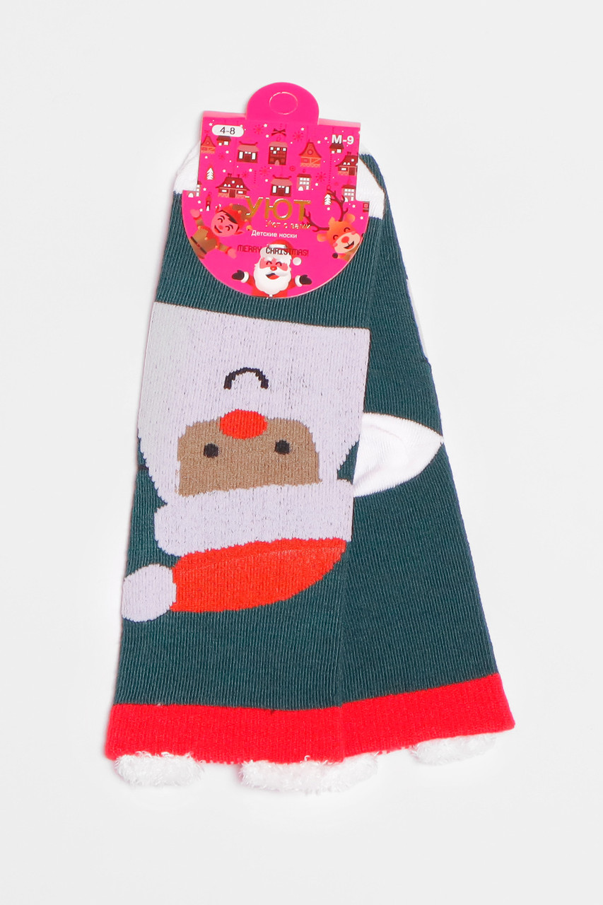 Шкарпетки дитячі з новорічним принтом зеленого кольору р.4-8 190986S, фото 1