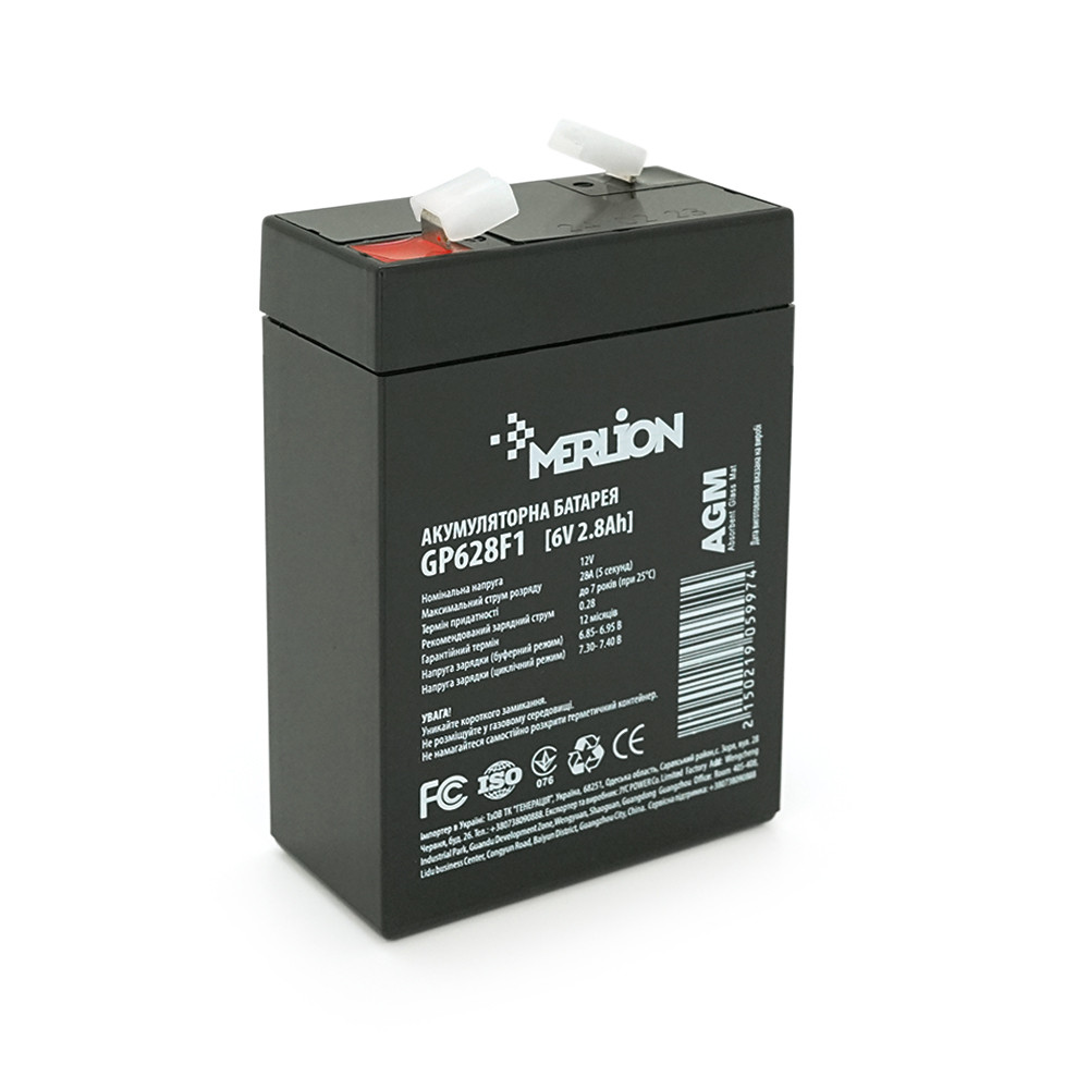 Акумуляторна батарея MERLION AGM GP628F1 6 V 2,8Ah ( 67 x 35 x 100 (105) ) 0,57 кг Q20