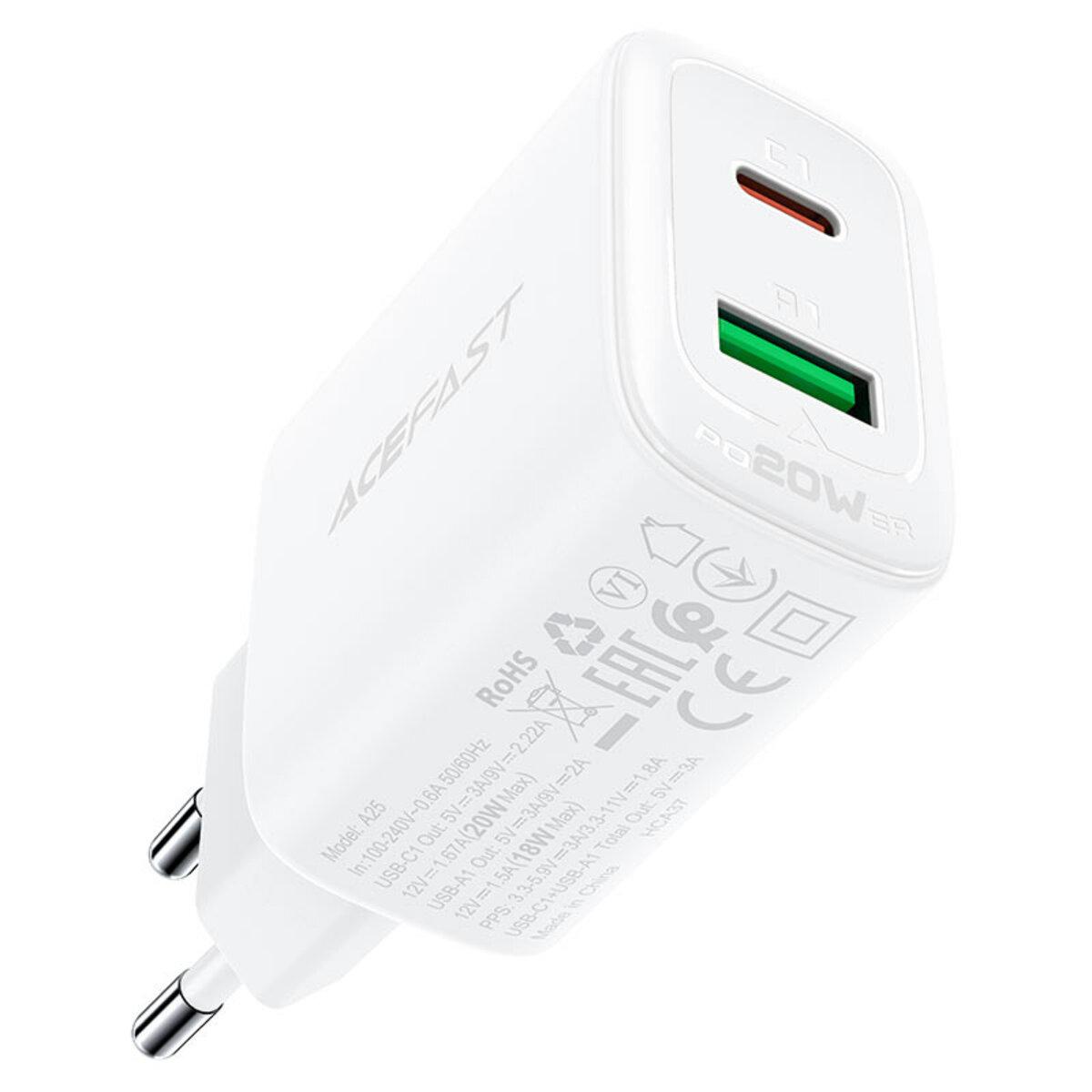 Мережевий зарядний пристрій ACEFAST A25 PD20W (USB-C+USB-A) dual port charger White