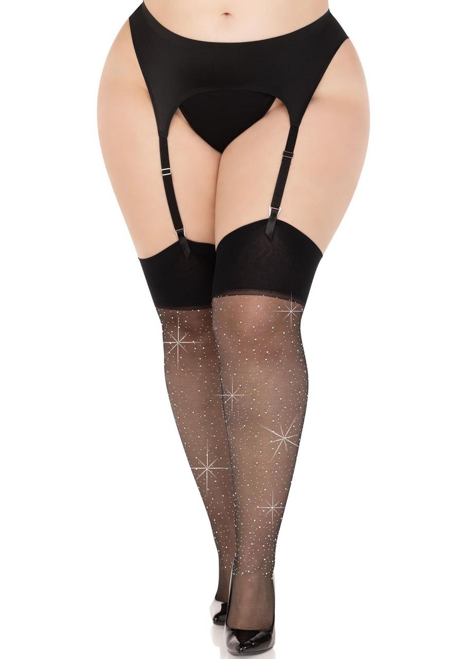 Панчохи Leg Avenue Wide Top Rhinestone Sheer Stockings Чорний 1X/2X ( SX1065 ), фото 1