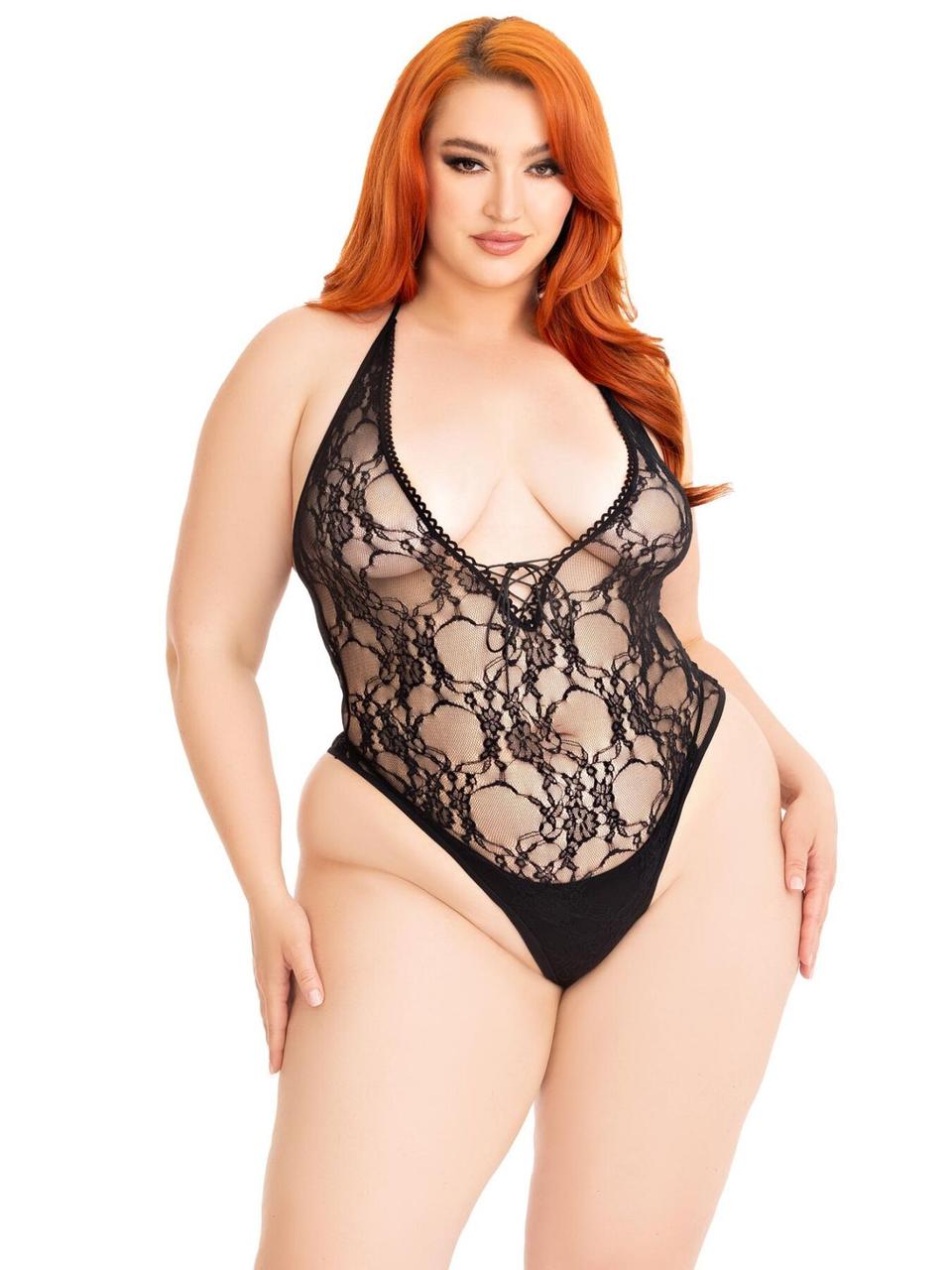 Еротичний Боді Leg Avenue Floral lace deep V teddy Чорний 1X/2X ( SX1084 )