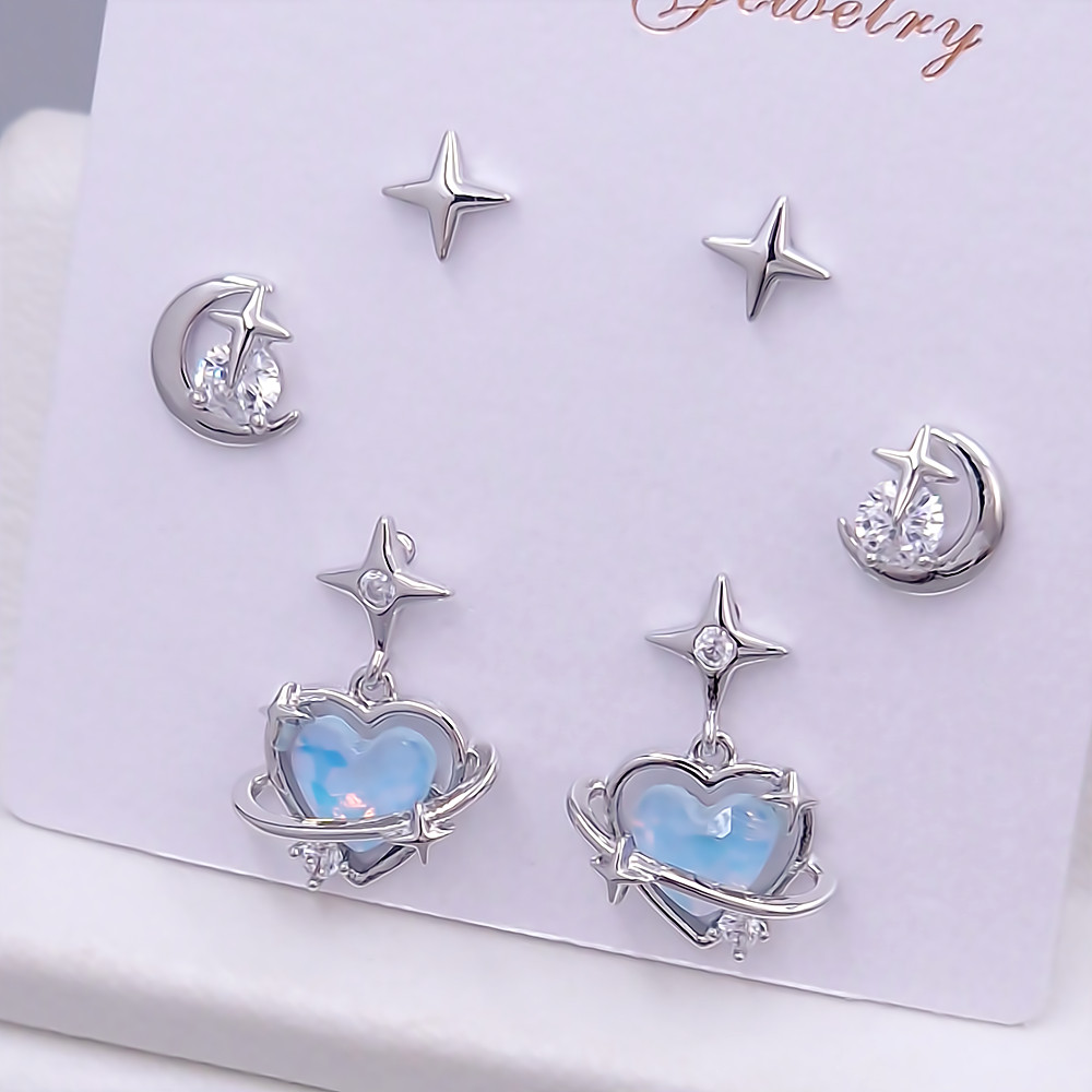 Набір із 3-х пар сережок-гвоздиків FJ. Родій. Камені: циркон