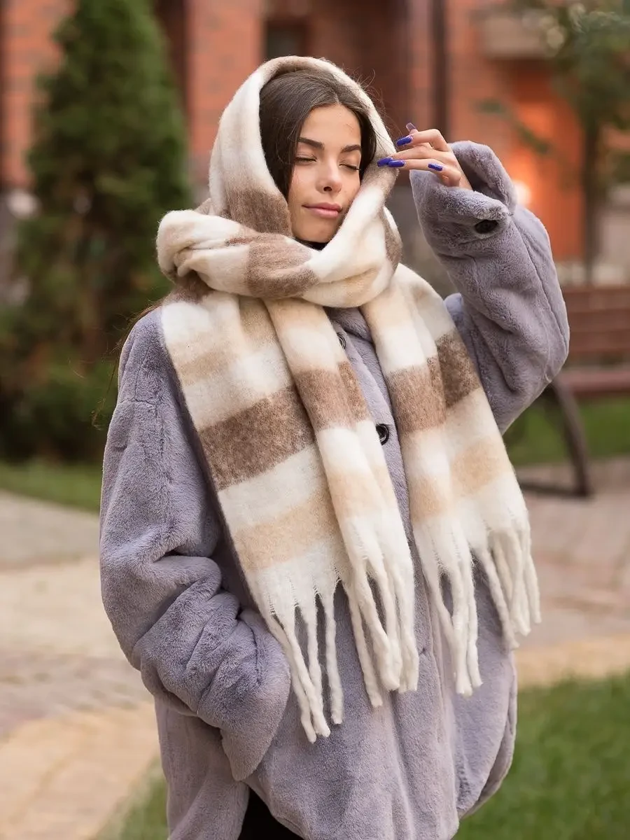 Шарф теплий об'ємний. Зимовий жіночий великий шарф. Палантин кашеміровий у смужку, фото 1