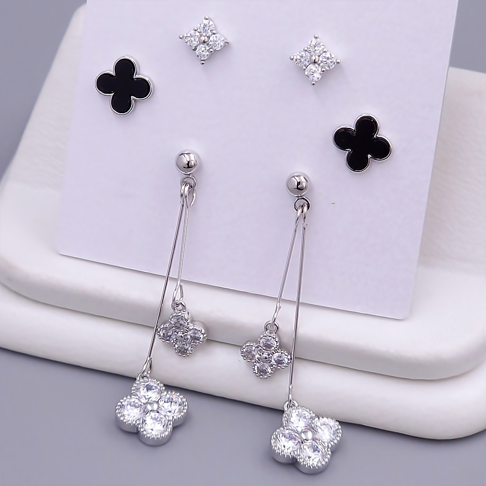 Набір із 3-х пар сережок-гвоздиків FJ. Родій. Камені: циркон та чорна емаль