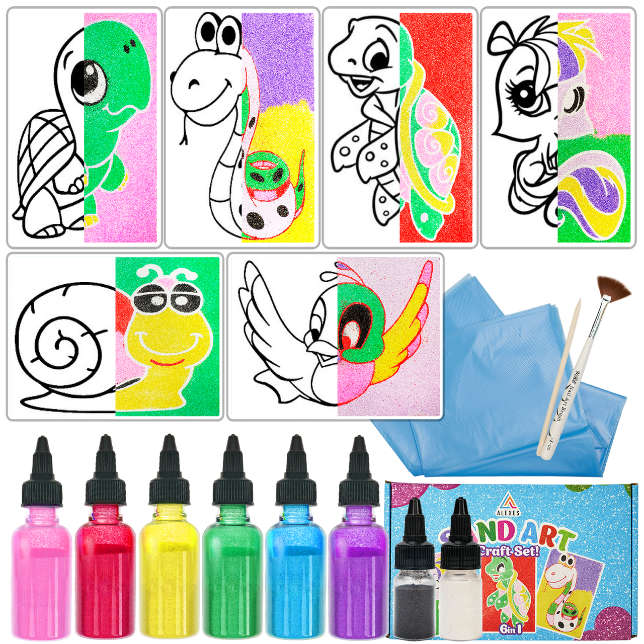 Розвиваючий дитячий творчий набір - малювання кольоровим піском ALEXES, 6 великих картинок, фото 1