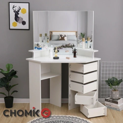Косметический туалетный столик угловой + пуф для макияжа с зеркалом и ...