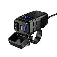 Заряджання на мотоцикл зі швидким заряджанням USB + Type-C + Вольтметр 48W SAE 12-24В, Синя підсвітка