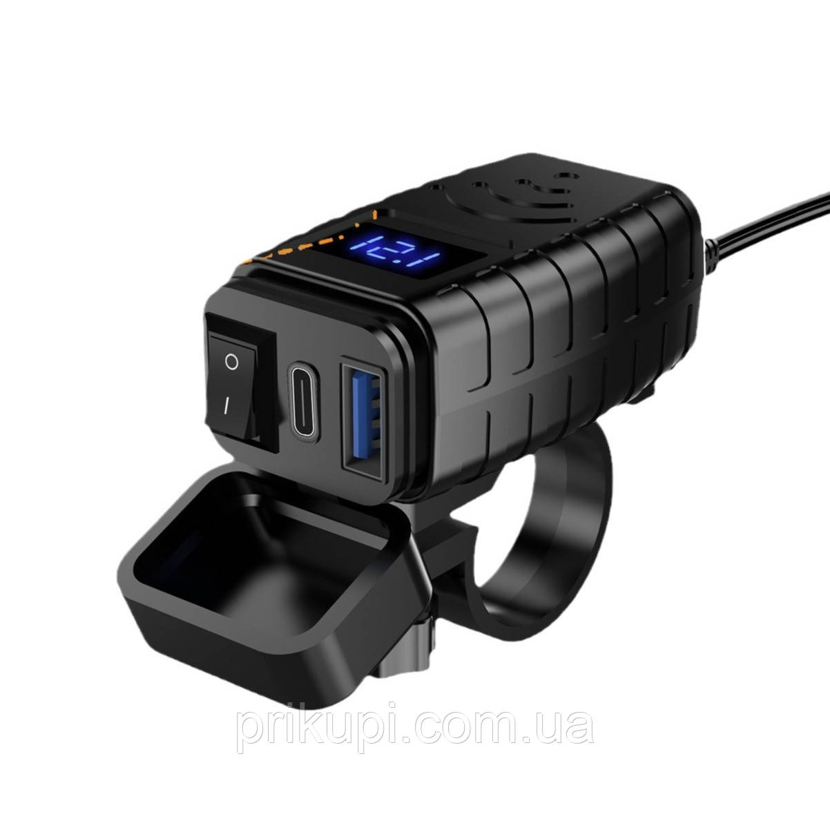 Заряджання на мотоцикл зі швидким заряджанням USB + Type-C + Вольтметр 48W SAE 12-24В, Синя підсвітка