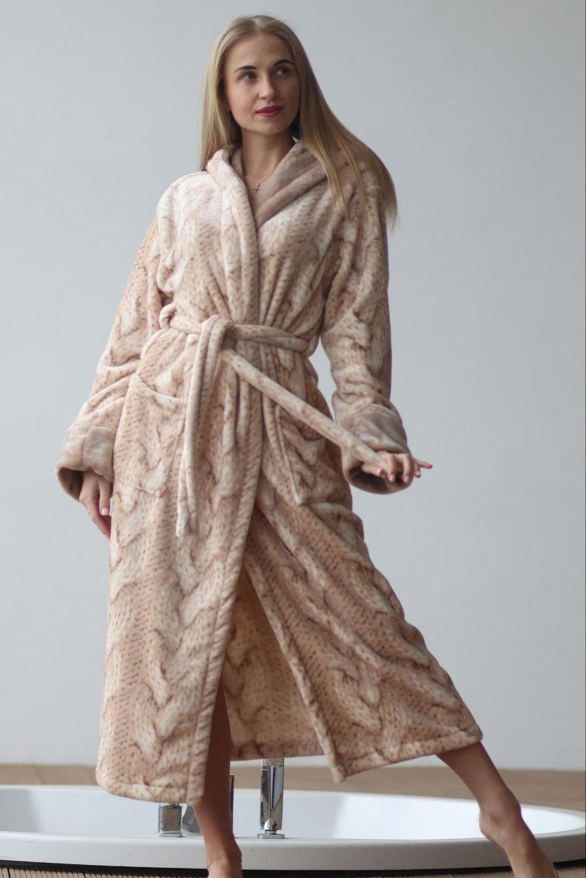 Теплий жіночий довгий домашній халат поясом бежевий, фото 1