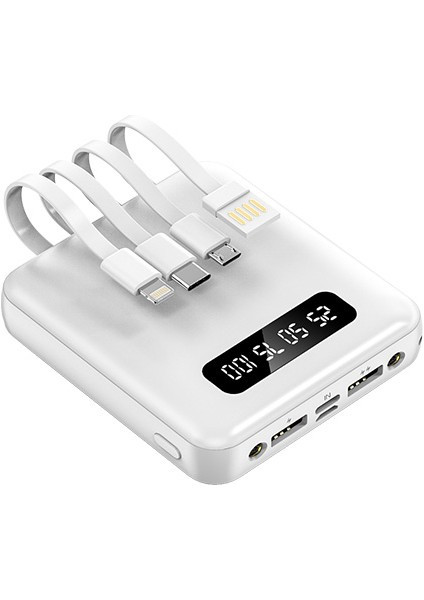 Повербанк міні 10000 mah 4в1 Вбудовані 4 кабелі - Apple, Type-C, micro USB, USB + ліхтарик Power Bank білий, фото 1