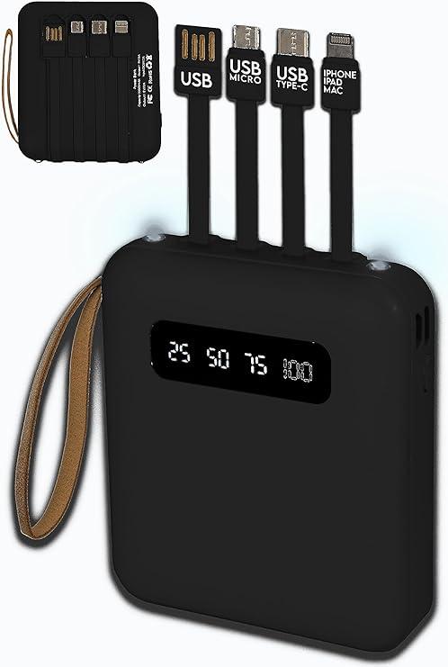 Повербанк міні 10000 mah 4в1 Вбудовані 4 кабелі - Apple, Type-C, micro USB, USB + ліхтарик Power Bank чорний