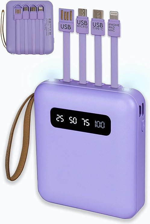 Повербанк міні 10000 mah 4в1 Вбудовані 4 кабелі - Apple, Type-C, micro USB, USB + ліхтарик Power Bank фіолетовий
