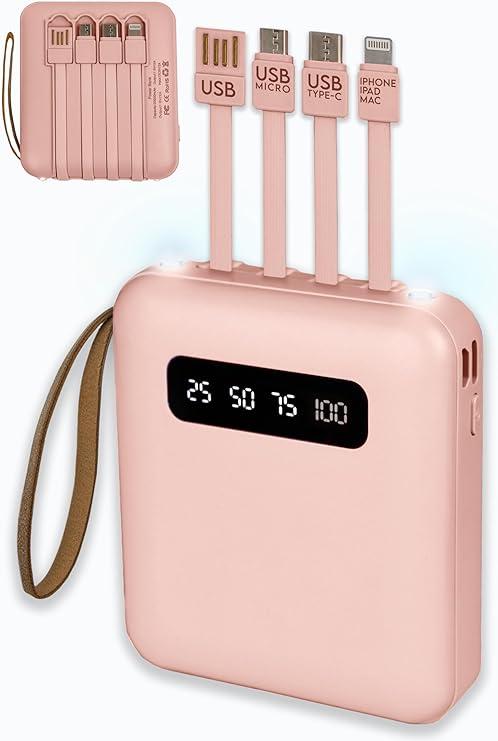 Повербанк міні 10000 mah 4в1 Вбудовані 4 кабелі - Apple, Type-C, micro USB, USB + ліхтарик Power Bank рожевий