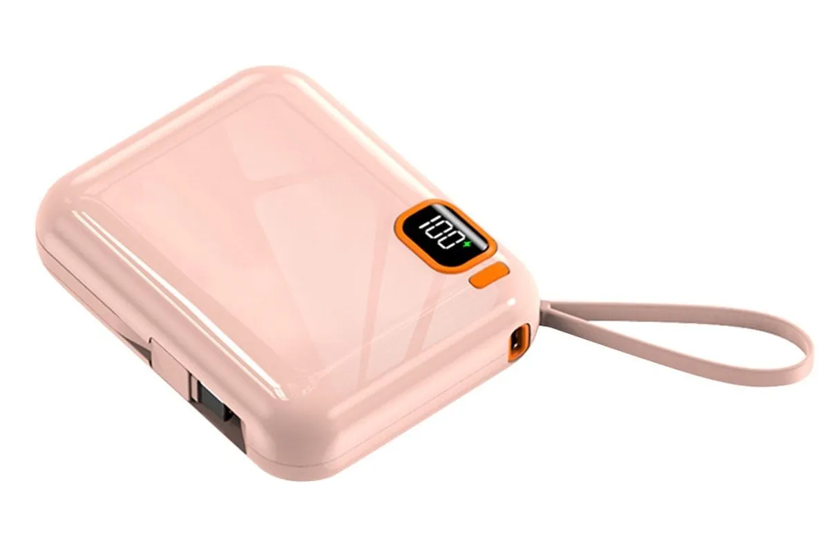 Повербанк міні 20000 mah 2в1 Вбудовані 2 кабелі - Apple і Type-C Power Bank рожевий