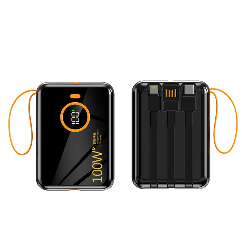 Повербанк міні 20000 mah 3в1 Вбудовані 3 кабелі - Apple Lightning, Type-C, USB Power Bank чорний