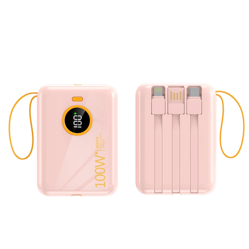 Повербанк міні 20000 mah 3в1 Вбудовані 3 кабелі - Apple Lightning, Type-C, USB Power Bank рожевий