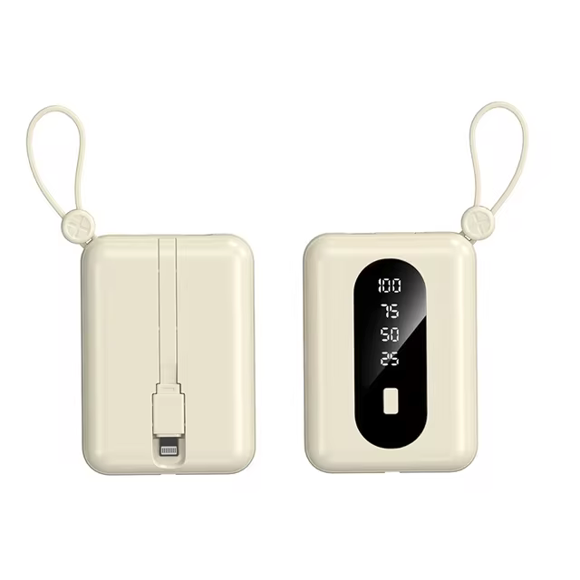 Повербанк міні 20000 mah 2в1 Вбудовані 2 кабелі - Apple Lightning і Type-C Power Bank бежевий