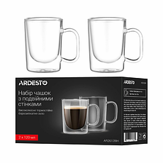 Набір чашок із ручками та подвійними стінками ARDESTO, 120 мл, 2 шт., боросилікатне скло, прозорий, фото 4