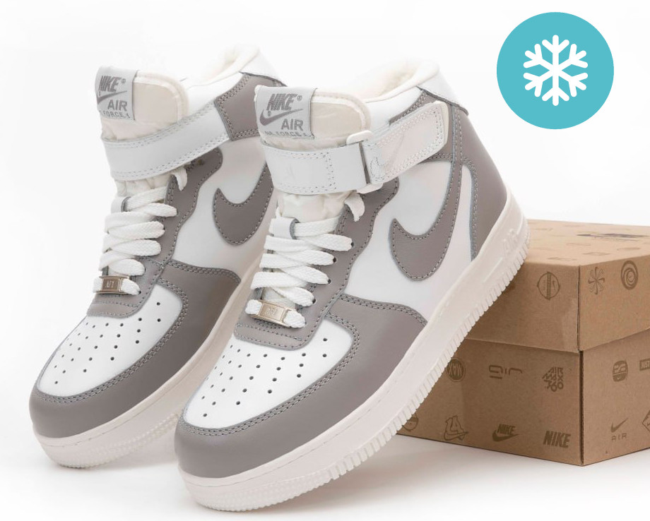 Жіночі зимові кросівки з хутром Nike Air Force 1 AF1 High високі теплі 36-44р (білі з сірим). Живе фото