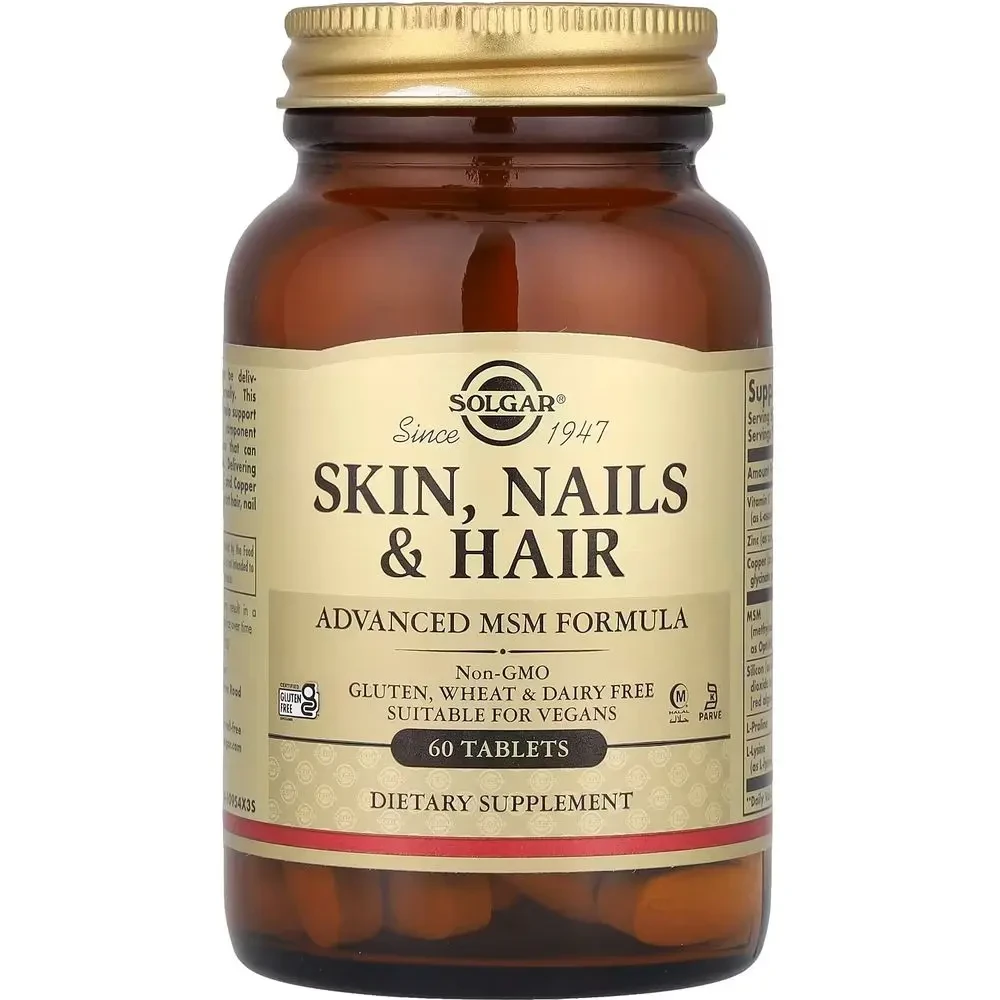 Solgar, шкіра, нігті та волосся, покращена рецептура з МСМ, 60 таблеток, фото 1