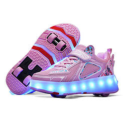 Роликові кросівки Led Street Pink, що світяться, на 4 колесах, USB зарядка, преміум якість, рожеві (RKL-27)