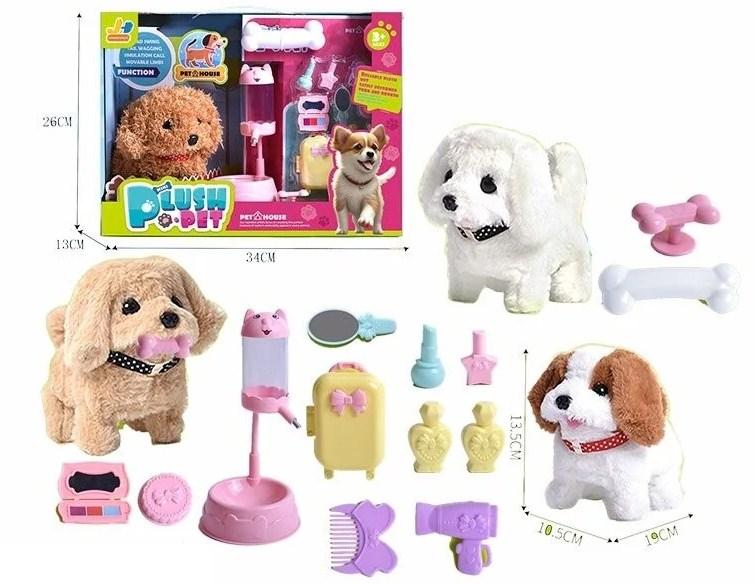 Песик ходить, гавкає з аксесуарами і годівничкою