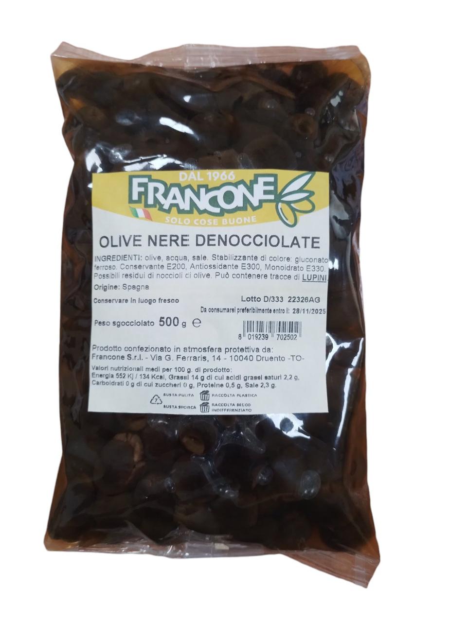 Оливки іспанські чорні без кісточки в розсолі FRANCONE, 500 г