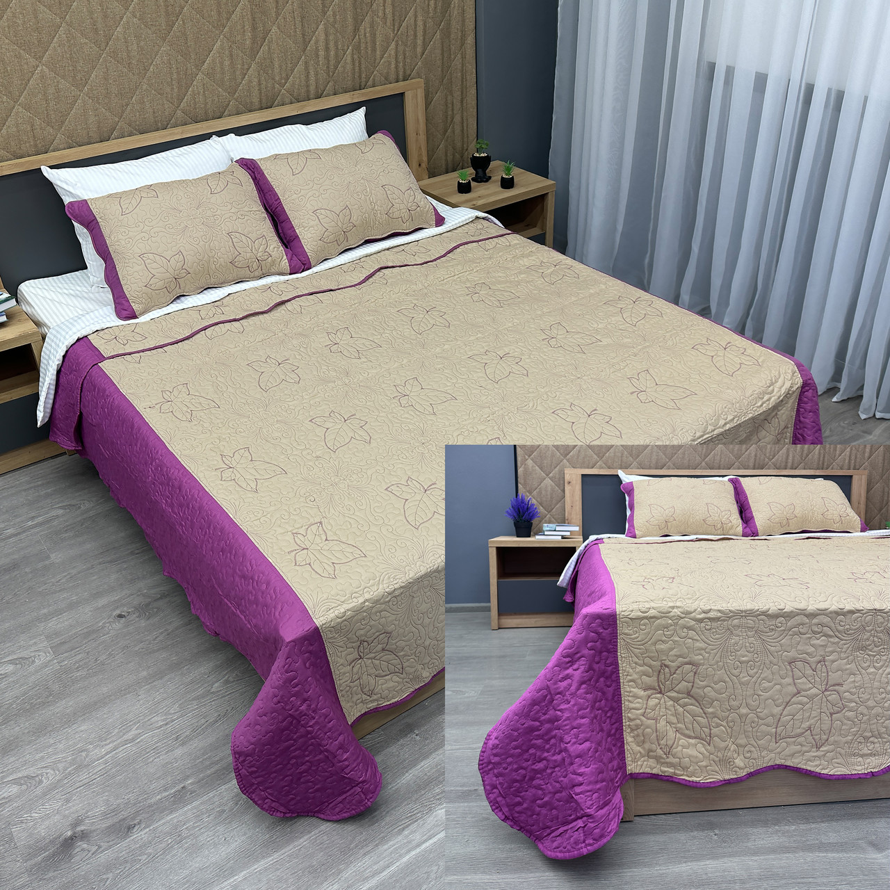Покривало 220x220 (+-10см.) стьобане з наволочками Expo Trade листя, бежевий з пурпуровим (85-147)