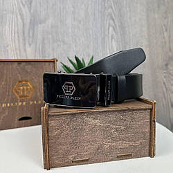 Чоловічий шкіряний ремінь Philipp Plein чорний автомат, натуральна шкіра