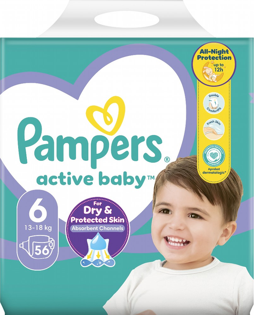 Підгузки дитячі Pampers Active Baby 6 (13-18 кг) Giant Pack, 56 шт, фото 1