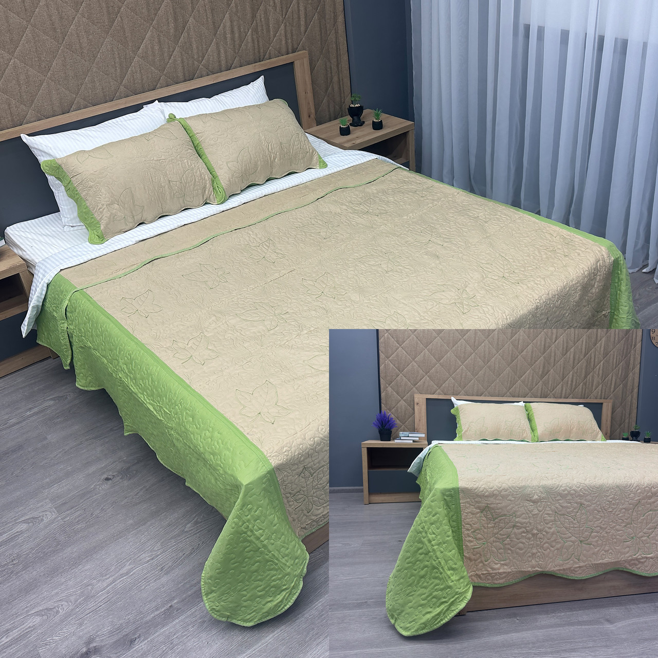 Покривало 220x220 (+-10см.) стьобане з наволочками Expo Trade листя, бежевий з салатовим (85-149), фото 1