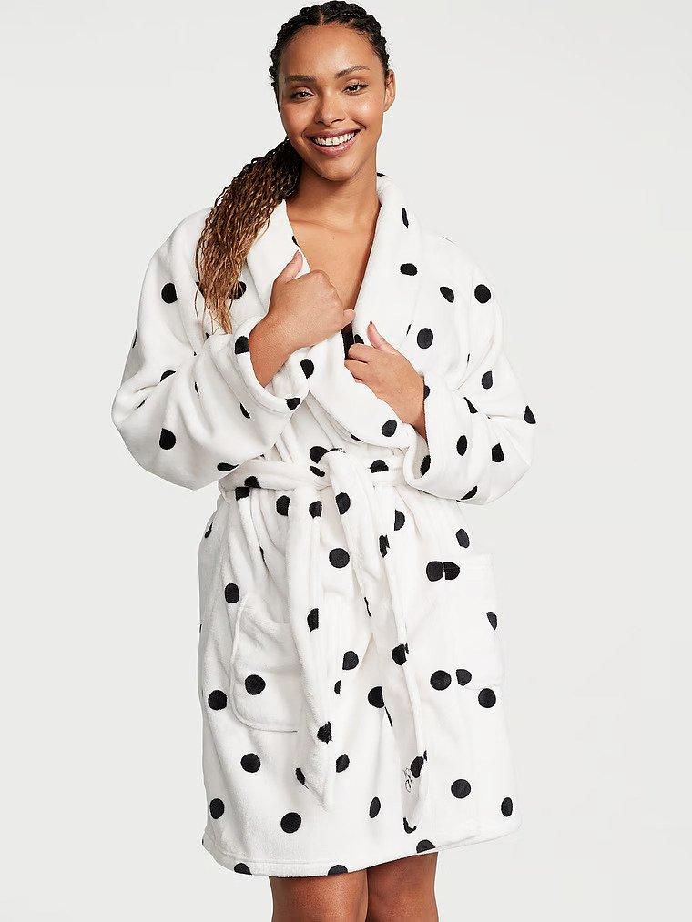 Плюшевий Халат Victoria's Secret Logo Short Cozy Robe, Білий в горох, фото 1
